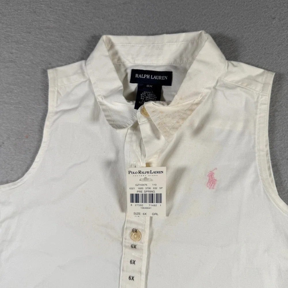 Ralph Lauren Girls White Sleeveless Button Down Shirt Pink Pony Logo Size 6X